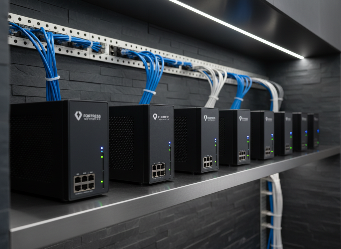 A row of high-performance, matte-black next-generation firewalls and intrusion prevention appliances neatly aligned on a brushed steel shelf, each device featuring subtle branding, clearly labeled ports, and gently pulsing indicator lights. Behind them, structured cabling in disciplined bundles of cobalt blue, silver-gray, and white runs into an organized patch panel mounted on a dark slate wall. The environment is a dedicated cybersecurity operations lab with soft, directional overhead LEDs that create precise highlights on the hardware edges and mild shadows beneath. Photographic realism from a slightly elevated, side-facing angle emphasizes depth and order, with the front devices in sharp focus and the background receding into tasteful blur. The mood is serious, secure, and highly professional, underscoring resilience and protection for enterprise networks.