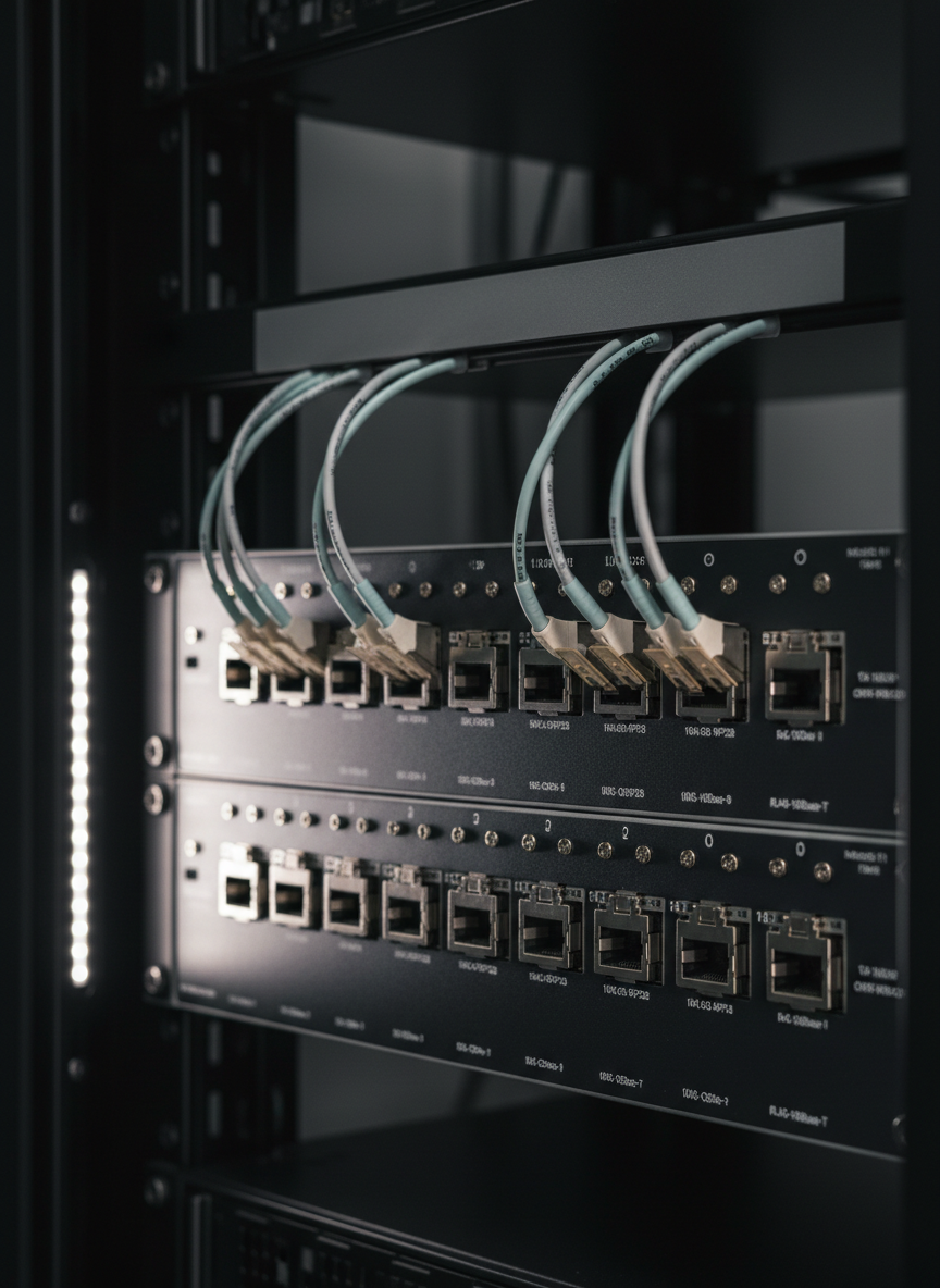 A detailed close-up of a high-end enterprise network switch, its brushed graphite faceplate filled with perfectly aligned rows of active fiber and copper ports, each connector capped with metallic housings and labeled in precise white text. Fine, braided fiber optic cables in muted aqua and pale gray sweep in clean arcs toward a structured cable management bar. The device is mounted in a premium, dark-anthracite rack inside a dim, high-security equipment room. Soft, directional side lighting from a concealed LED strip grazes the surface, creating crisp micro-shadows in the port recesses and a subtle rim light along the switch edges. Captured in photographic realism with a macro lens and extremely shallow depth of field, the mood is technical, meticulous, and performance-driven, highlighting engineering quality and attention to detail.