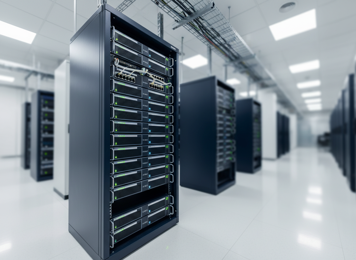 A sleek, midnight-blue enterprise server rack filled with neatly arranged, illuminated network switches and storage units, each tiny status LED glowing in subtle greens and blues. The rack stands in the center of a pristine, high-end data center with glossy white floor tiles and reflective cable trays running overhead. Cool, diffused overhead LED lighting casts gentle reflections on the metallic surfaces, creating a calm, controlled atmosphere of precision and reliability. Captured in photographic realism from a slightly low, three-quarter angle, the composition uses a shallow depth of field to keep the front of the rack razor sharp while the surrounding infrastructure fades into a smooth, professional bokeh, emphasizing premium technology and performance.