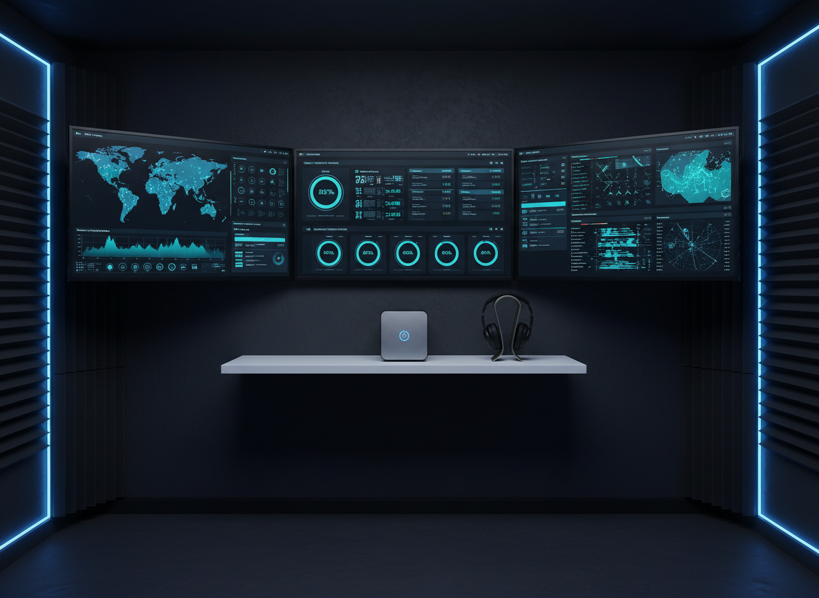A cloud infrastructure control dashboard displayed across three ultra-wide, frameless 4K monitors mounted on a matte-black wall, each showing richly detailed but neatly arranged graphs of network performance, uptime, latency maps, and security alerts in cool blues and teals. Below, a slim, white console shelf holds a compact, high-end mini server chassis and a pair of noise-cancelling headphones resting on a brushed-metal stand. The space is a dark, acoustically treated technology operations room with subtle ambient LED light strips in deep blue running along the wall edges, casting a calm, focused glow. Captured in photographic realism from a centered, eye-level composition, the scene balances sharp focus on the screens with a slight background softness, creating a controlled, mission-critical atmosphere of always-on monitoring and reliability.